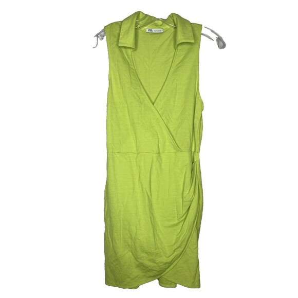 ZARA dress Women Small Neon Green Sleeveless Faux Wrap Collared V-Neck Ruching - Picture 1 of 6